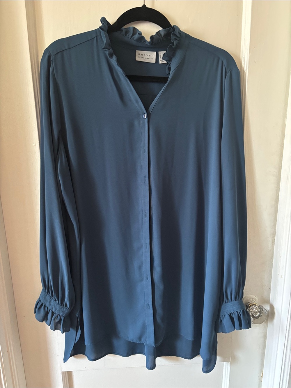 Susan Graver Slate Blue Ruffled Collar Button-Down Blouse